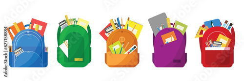 School backpacks set. Schoolbags with books, supplies, textbooks, notebooks, pens, pencils, paints, ruler, calculator. Colored school backpack. Education and study back to school, schoolbag luggage.