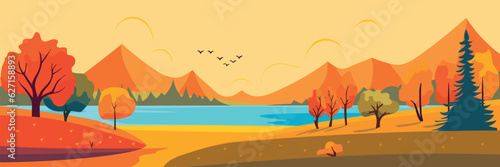 Print op canvas Autumn landscape with trees, mountains, fields, leaves, lake, river and birds