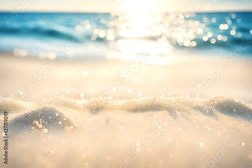 Sand With Blue Sea, Beach Summer Defocused Background With Glittering Of Sunlights | Generative AI