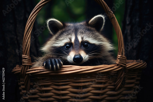 The raccoon sits in a basket and looks at the camera