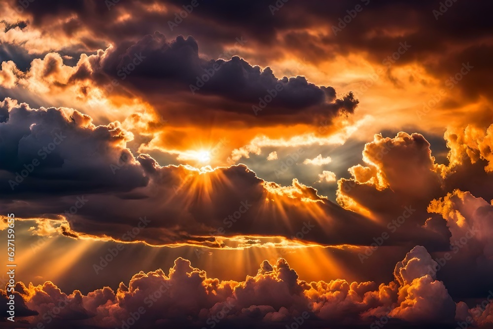 Sunset sky with sun rays and sunset clouds, Generative AI Sunset sky with sun rays and sunset clouds, Generative AI