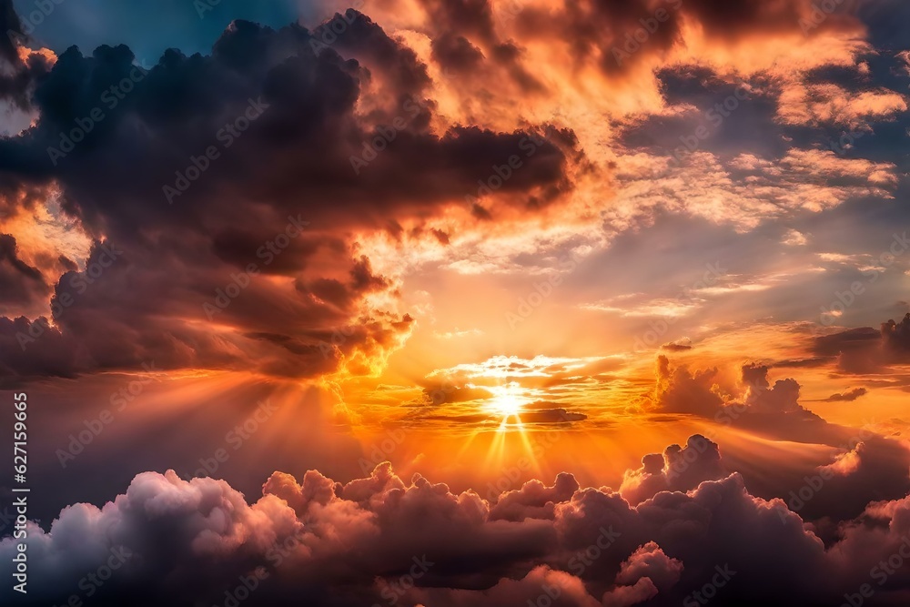 Sunset sky with sun rays and sunset clouds, Generative AI Sunset sky with sun rays and sunset clouds, Generative AI