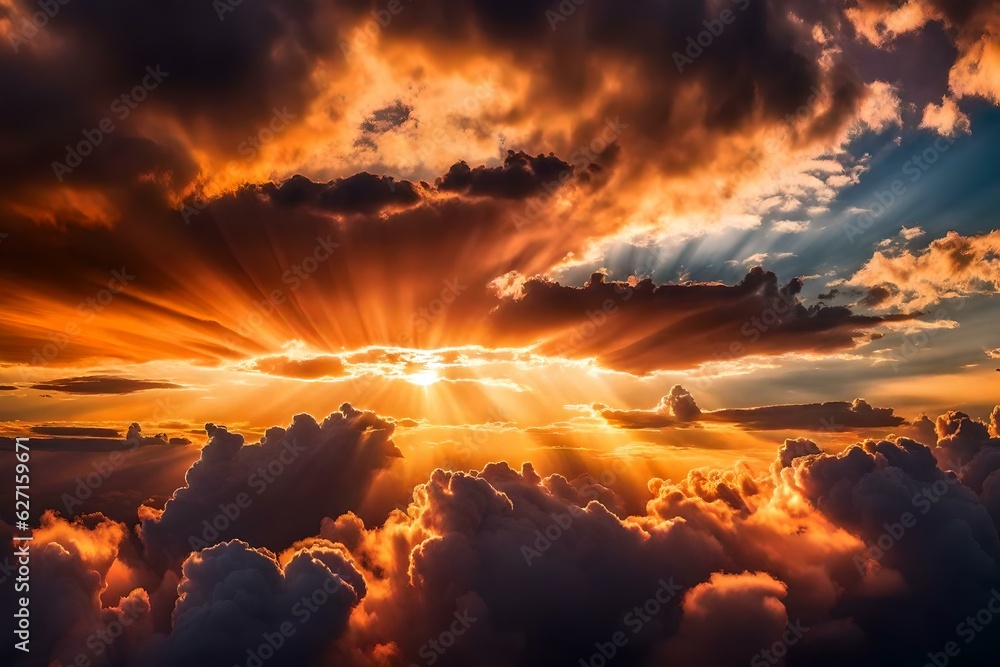 Sunset sky with sun rays and sunset clouds, Generative AI