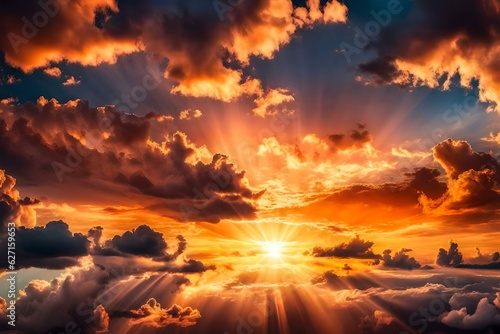 Sunset sky with sun rays and sunset clouds  Generative AI