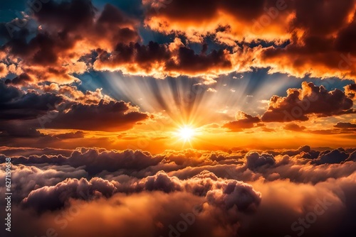 Sunset sky with sun rays and sunset clouds, Generative AI