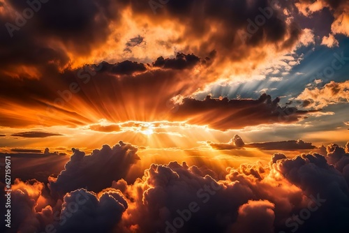 Sunset sky with sun rays and sunset clouds, Generative AI