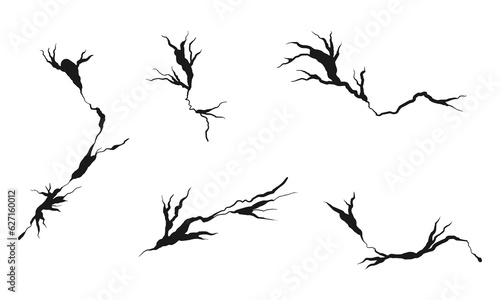 Hand drawn cracked wall, ground, glass, egg. doodle break set. vector illustration