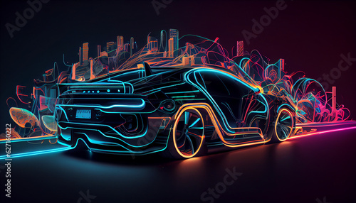 EV electric car system. futuristic car in night  car on the road Ai generated image 