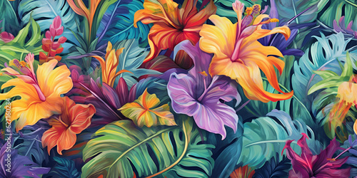 A colorful tropical floral wallpaper with a tropical flower pattern.