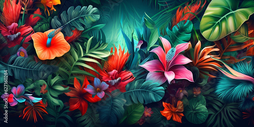 Neon tropical flowers and leaves dark background