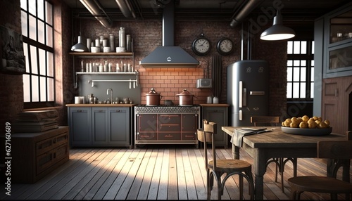 Well equipped industrial interior style kitchen with brick and concrete walls, and a cabinet made of wooden and metal elements