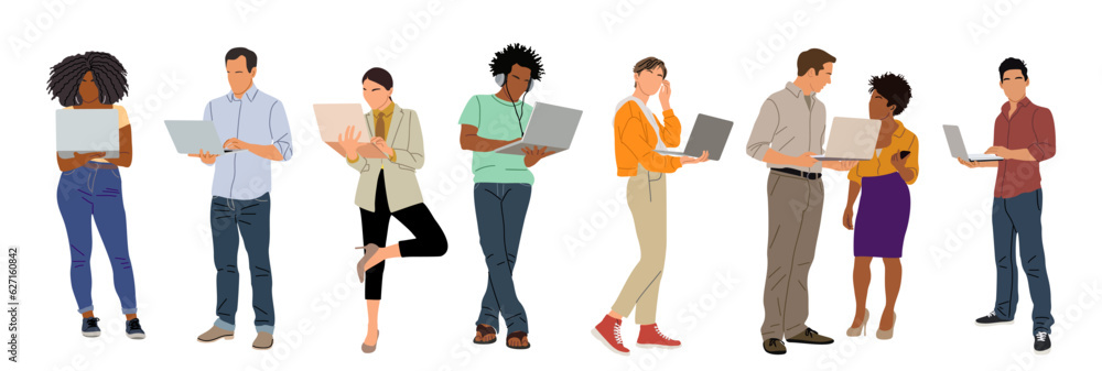 Business people working at laptop. Different men and women wearing smart casual, formal office outfits standing, looking at computer. Vector realistic illustration isolated on transparent background. - obrazy, fototapety, plakaty 