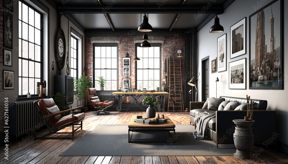 Well equipped industrial interior style spacious living room with brick and concrete walls , leather couch and coffee table Well equipped industrial interior style spacious living room with brick and concrete walls , leather couch and coffee table