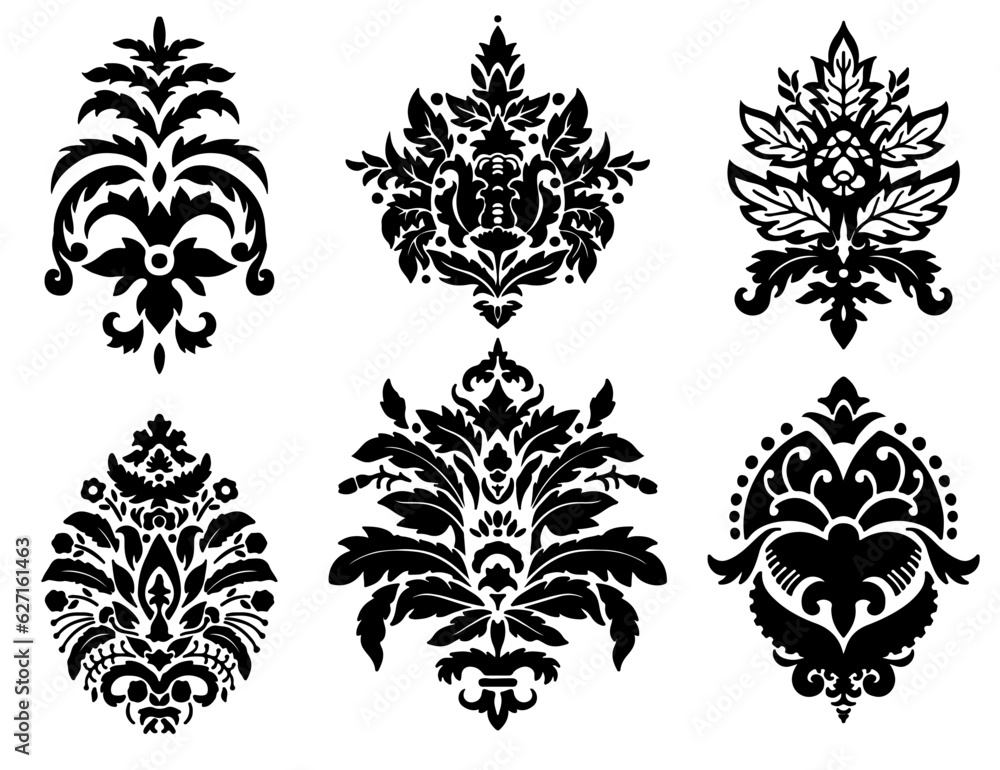 Damask ornaments, flowers and motifs silhouette