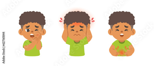 a black boy V.2 has a toothache, headache, stomachache. illustration cartoon character vector design on white background. kid and health care concept.