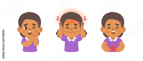 a black girl has a toothache, headache, stomachache. illustration cartoon character vector design on white background. kid and health care concept.
