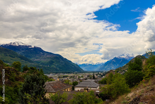 Panoramic view from a hill over City of Sion with and Swiss Alps in Canton Valais, Switzerland
