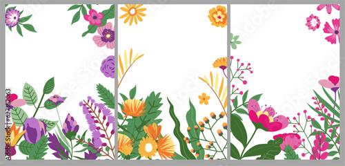 Blooming flowers with foliage and branches banners