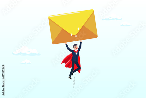 Businessman superhero carrying big email envelope flying to recipient address, email communication, marketing campaign from subscription, sending message or information concept (Vector)