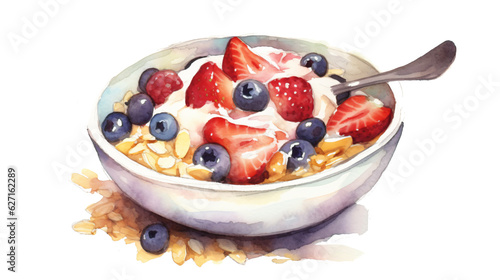 a bowl of delicious muesli with strawberries isolated on transparent background