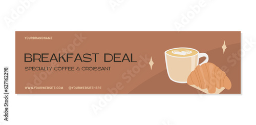 Web banner template with cappuccino cup and baked croissant. Cafe scene with milk coffee on the table. Horizontal poster for french breakfast promo with freshly brewed drink. Vector flat illustration.