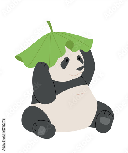 A baby panda wearing a lotus leaf on his head. simple hand drawn style illustration