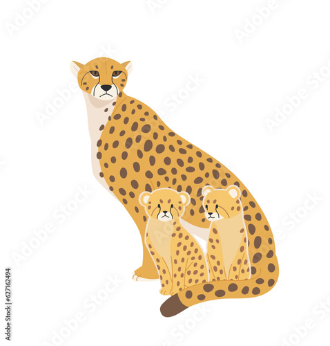 Parents and baby animals. A mother leopard sits next to her two baby leopards.