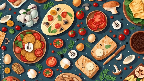 Top view of various foods as culinary concept background illustration