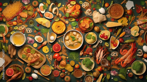 Top view of various foods as culinary concept background illustration
