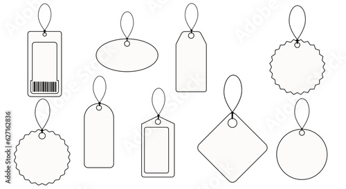 Blank price tags or trade labels with rope. Black tags on white