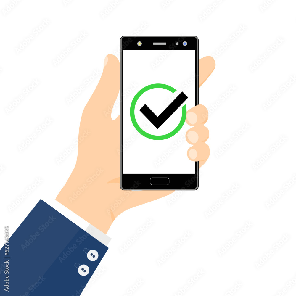  Hand holds smartphone and set a check mark on the screen. Vector illustration