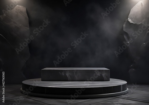Dark podium, showcase for advertising products and goods. Display with natural stones tropical branches. Background for natural cosmetics and branding. AI Generative.