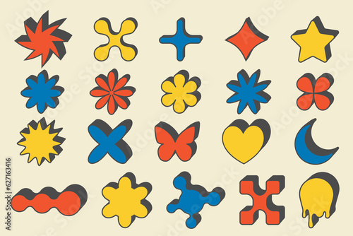 Abstract geometric elements for design. Neobrutalism graphic shapes. Minimal groovy Y2k retro stickers. Set of retro labels. Simple vector flowers, butterfly and stars.