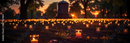 Cemetery At Dusk  Softly Illuminated By Flickering Candles. Cemetery At Dusk  Candles  Soft Illumination  Memorials  Loss  Peace  Serenity  Mourners