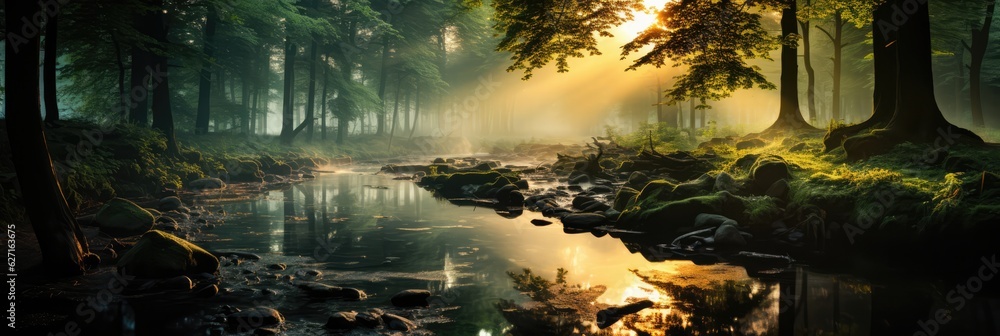 Enchanting Forest Mist With Rays Of Sunlight.Romancing The Forest, Mystical Mist, Dazzling Sunlight, Woodland Creatures, Enchanting Serenity, Cool Breezes,