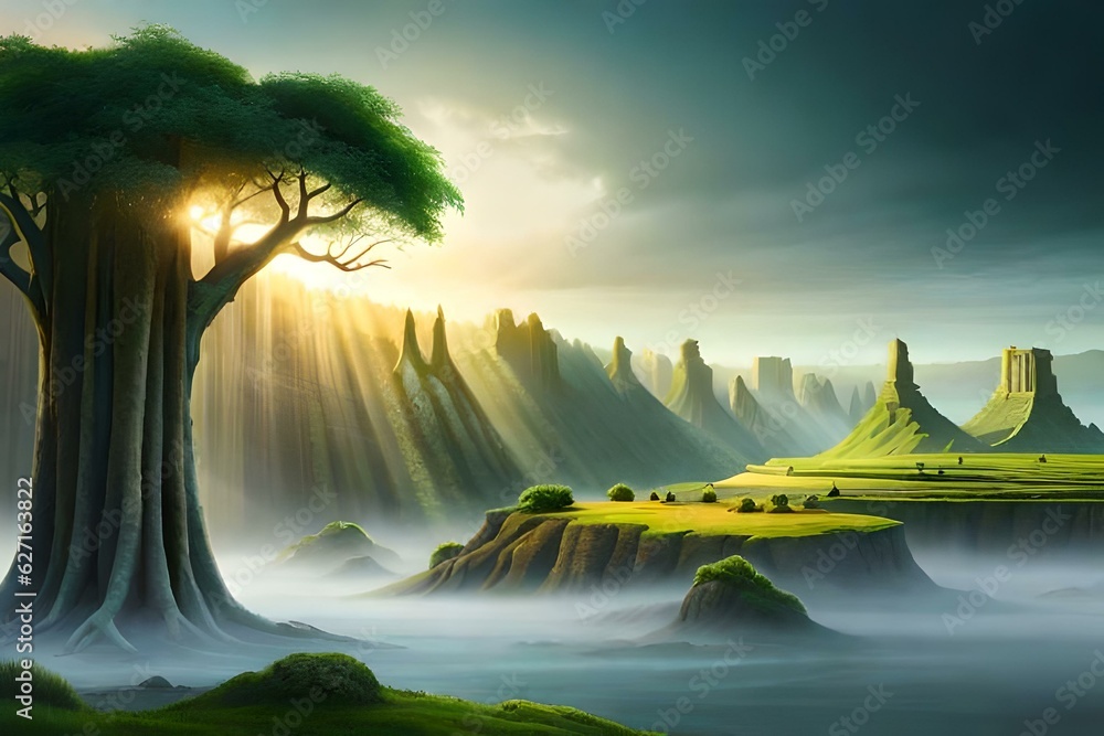 An ancient and mystical forest shrouded in mist, colossal trees ...