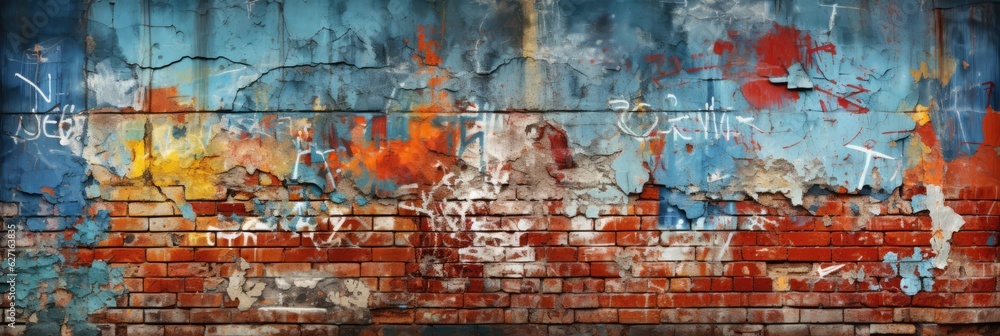 Fototapeta premium Grungy Urban Graffiti On A Weathered Brick Wall. Grunge, Urban, Graffiti, Weathered, Brick, Art, Street Art, Vandalism