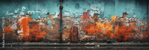 Grungy Urban Graffiti On A Weathered Brick Wall. Urban Art, Graffiti, Streetart, Social Commentary, Weathered Walls, Brick Walls, Colorful Design, Decay photo