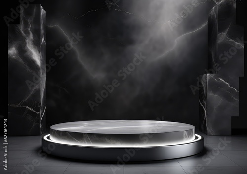 abstract background with black rock cobblestone ruins and golden nuggets levitating. Modern minimal showcase with empty podium for product presentation. AI Generative.
