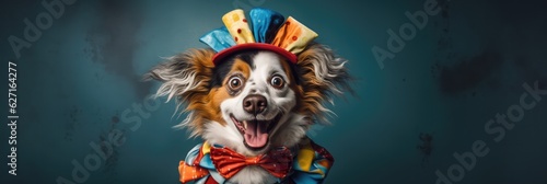 Silly Dog Sporting A Comical Clown Outfit. Harness Costumes For Dogs, Silly Pet Tricks, Comical Clown Fashion, Clothing For Pets, Dressing Up Your Pet photo