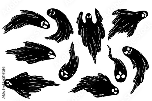 Set of silhouettes of flying ghosts.Vector graphics.