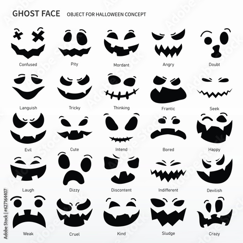 Ghost face cartoon set, Object for Halloween project. Same as confuse, confused, pity, doubt, languish, dizzy, weak, evil, devil, angry, tricky, think, thinking, frantic, seek, cute, bored, happy