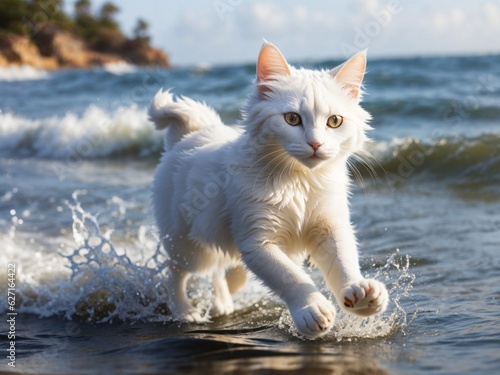 illustration of a white cat playing on the beach