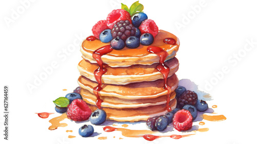 pancakes with fresh berries and maple syrup in watercolor painting design isolated against transparent background