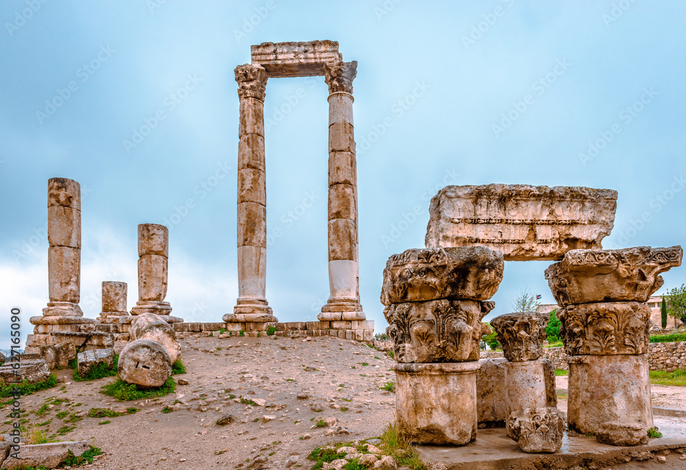 The ruins of the Temple of Hercules. This temple is the most significant Roman structure in the Amman Citadel.
