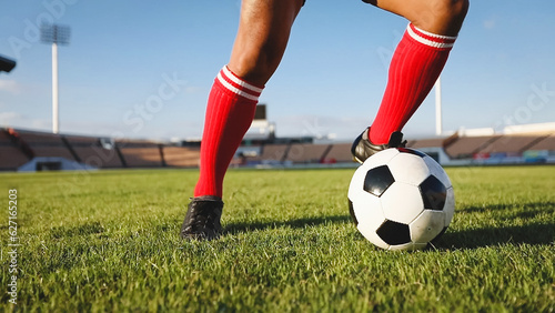 soccer or football player standing with ball on the field for Kick the soccer ball at football stadium