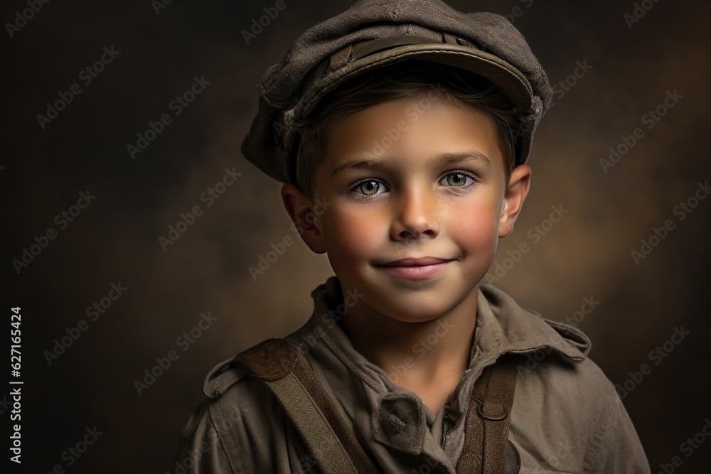 Portrait of a cute little boy in military uniform on dark background.Generative Ai Portrait of a cute little boy in military uniform on dark background.Generative Ai
