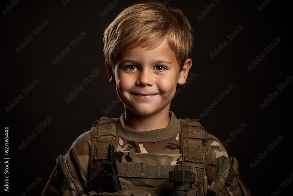 Portrait of a cute little boy in military uniform on dark background.Generative Ai Portrait of a cute little boy in military uniform on dark background.Generative Ai