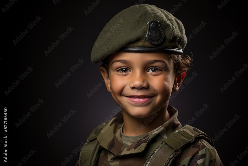 Portrait of a cute little boy in military uniform on dark background.Generative Ai