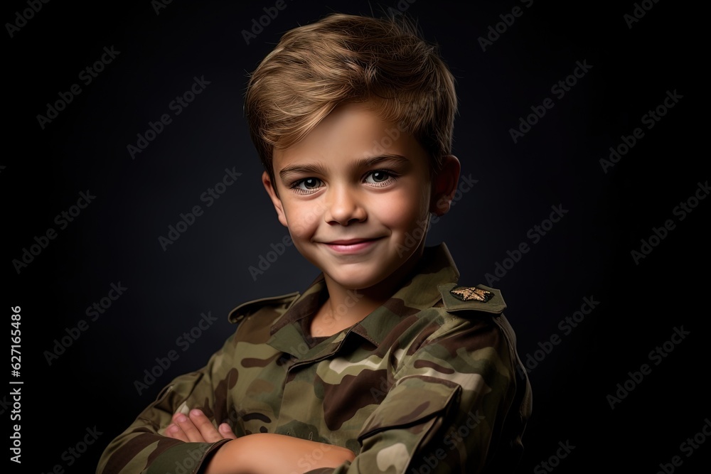 Portrait of a cute little boy in military uniform on dark background.Generative Ai Portrait of a cute little boy in military uniform on dark background.Generative Ai